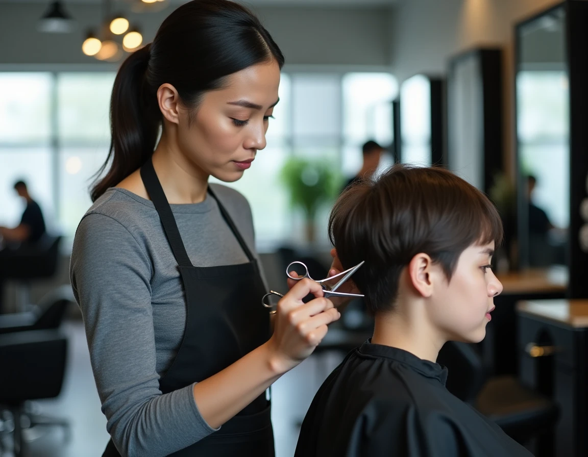 Coiffeuse professionnelle réalisant une coupe courte facile à entretenir sur une cliente en salon