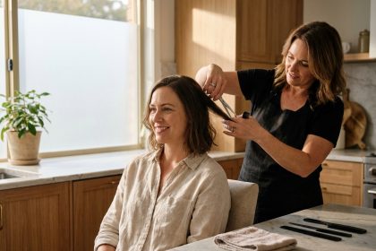 Coiffeuse à domicile coupant les cheveux d'une cliente dans une cuisine moderne, atmosphère détendue et intimiste