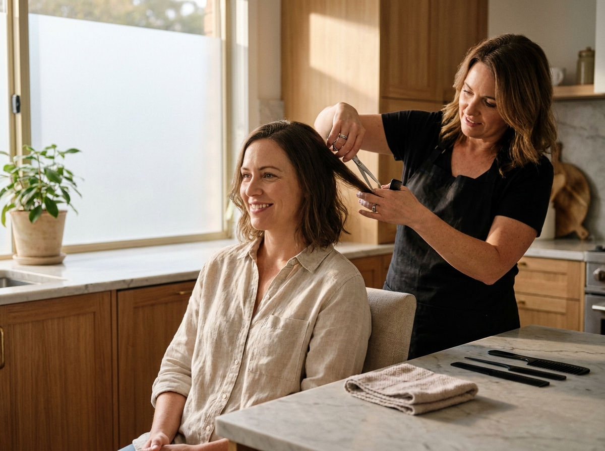 Coiffeuse à domicile coupant les cheveux d'une cliente dans une cuisine moderne, atmosphère détendue et intimiste