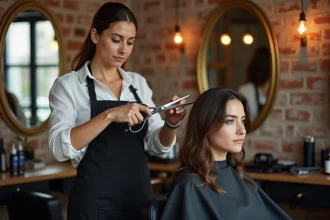 Coiffeuse professionnelle coupant les cheveux d'une cliente dans un salon de coiffure moderne à Toulouse avec miroirs dorés et décoration urbaine