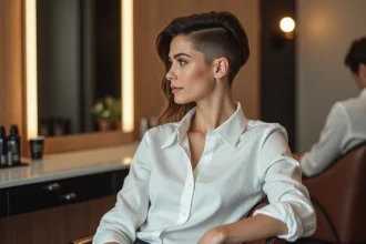 Femme avec carré boule dans un salon moderne