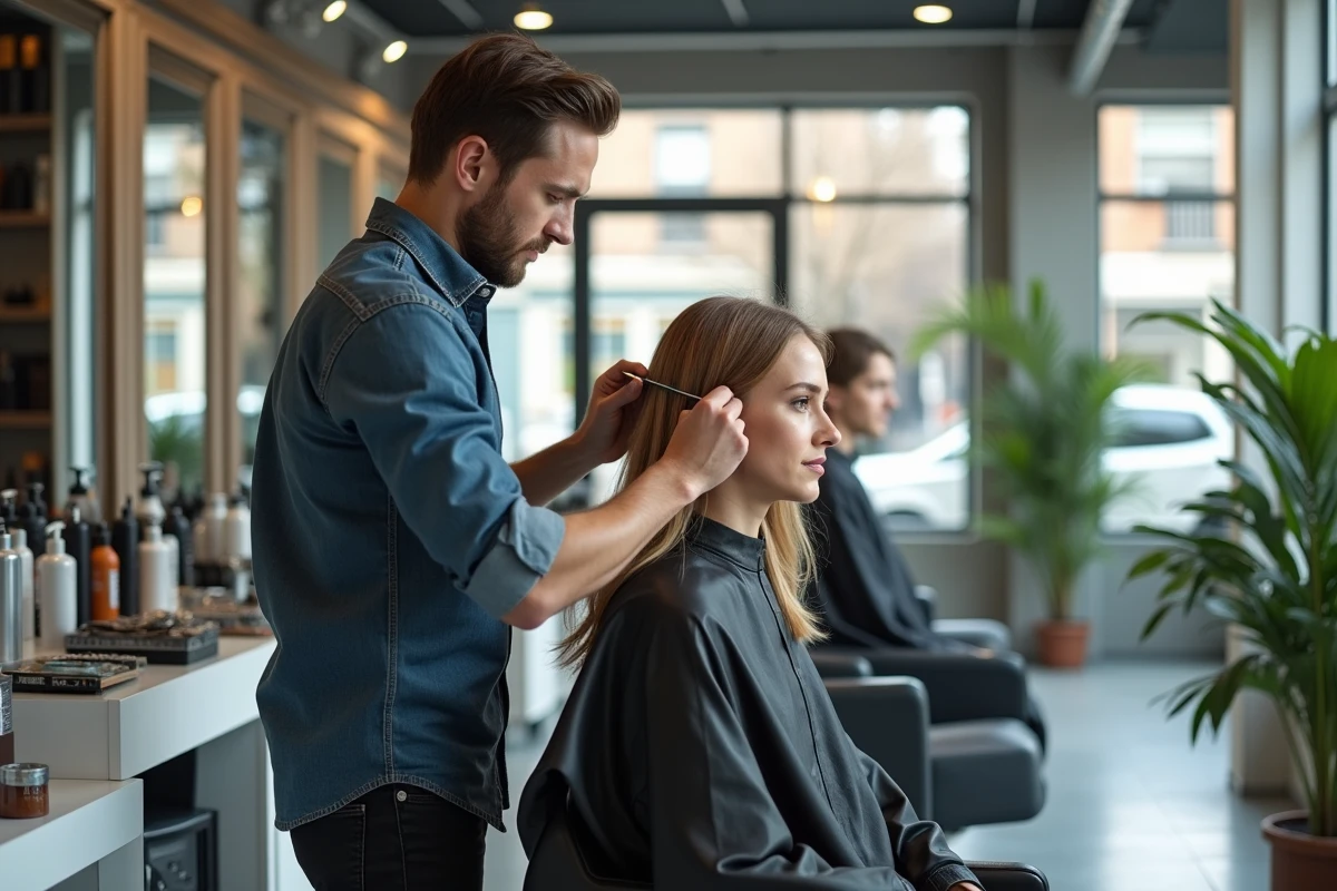 Coloriste coiffeur appliquant une couleur sur les cheveux d'une cliente dans un salon moderne et lumineux aux grandes fenêtres