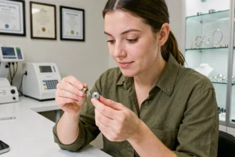 Femme comparant un labret pas cher et un bijou de piercing professionnel en titane dans un studio de piercing certifié