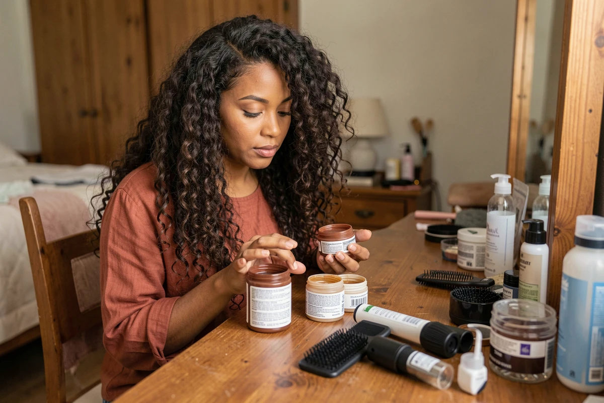 Femme comparant deux produits coiffants pour cheveux bouclés devant sa coiffeuse