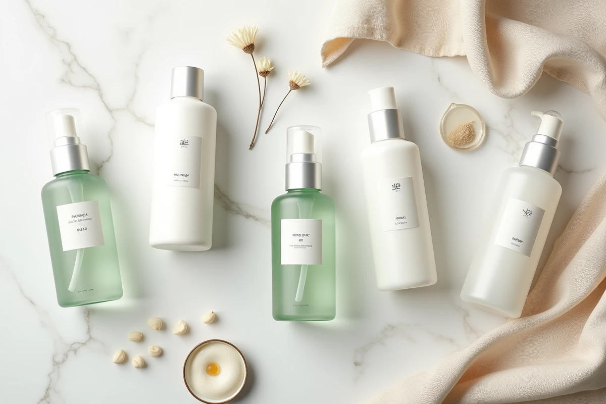 Comparatif de flacons d'essences coréennes innovantes disposés en flat lay sur marbre blanc pour le layering skincare