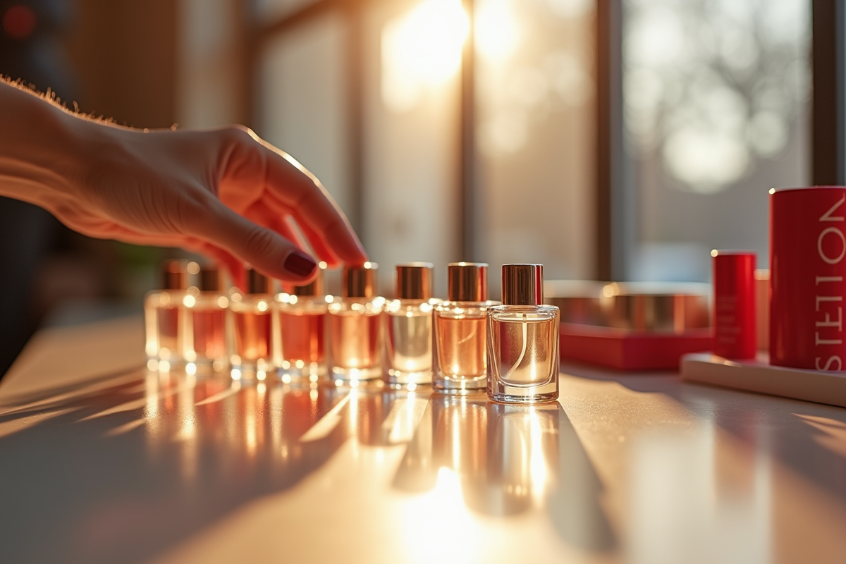 Comptoir Sephora avec échantillons de parfum et lumière naturelle
