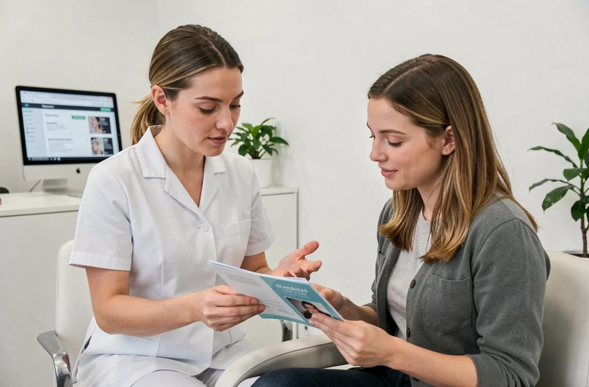 Consultation dans un centre laser à Paris avec une esthéticienne présentant les tarifs et traitements à une cliente