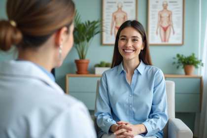 Femme souriante en consultation dermatologique