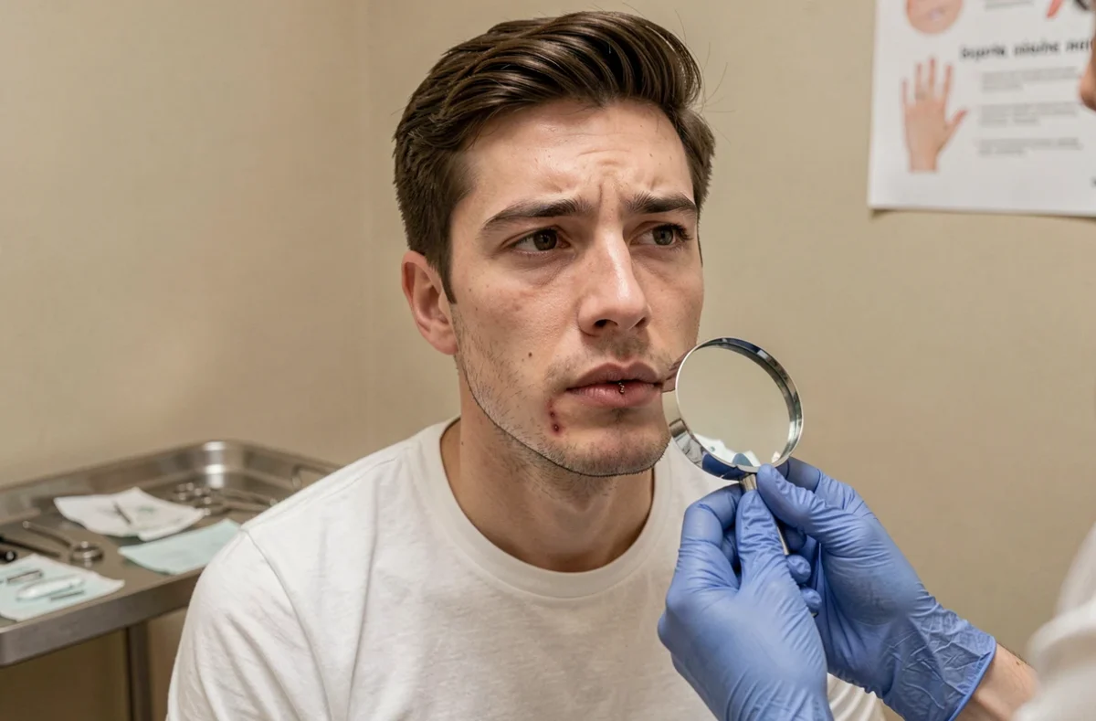 Jeune homme consultant un professionnel pour une irritation cutanée causée par un labret de mauvaise qualité