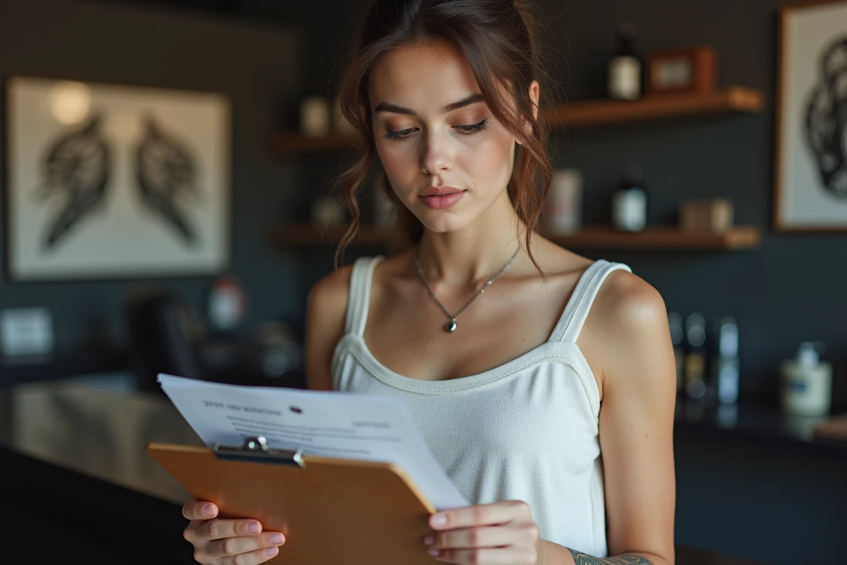 Jeune femme consultant une liste de tarifs dans un salon de tatouage avant de décider de son budget pour un tatouage de qualité