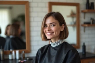 Femme aux cheveux en carré court chez le coiffeur, coupe facile à coiffer en 5 minutes