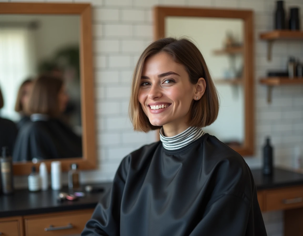 Femme aux cheveux en carré court chez le coiffeur, coupe facile à coiffer en 5 minutes