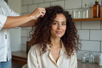 Femme aux cheveux longs bouclés naturels dans un salon de coiffure, coupe respectant la structure de la boucle
