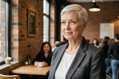 Femme aux cheveux blancs courts en coupe pixie, portant un blazer en lin, dans un café moderne — coupe courte cheveux gris blancs sublimée