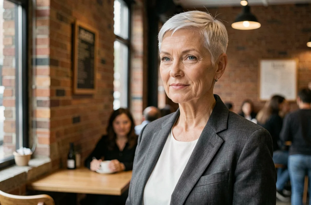 Femme aux cheveux blancs courts en coupe pixie, portant un blazer en lin, dans un café moderne — coupe courte cheveux gris blancs sublimée