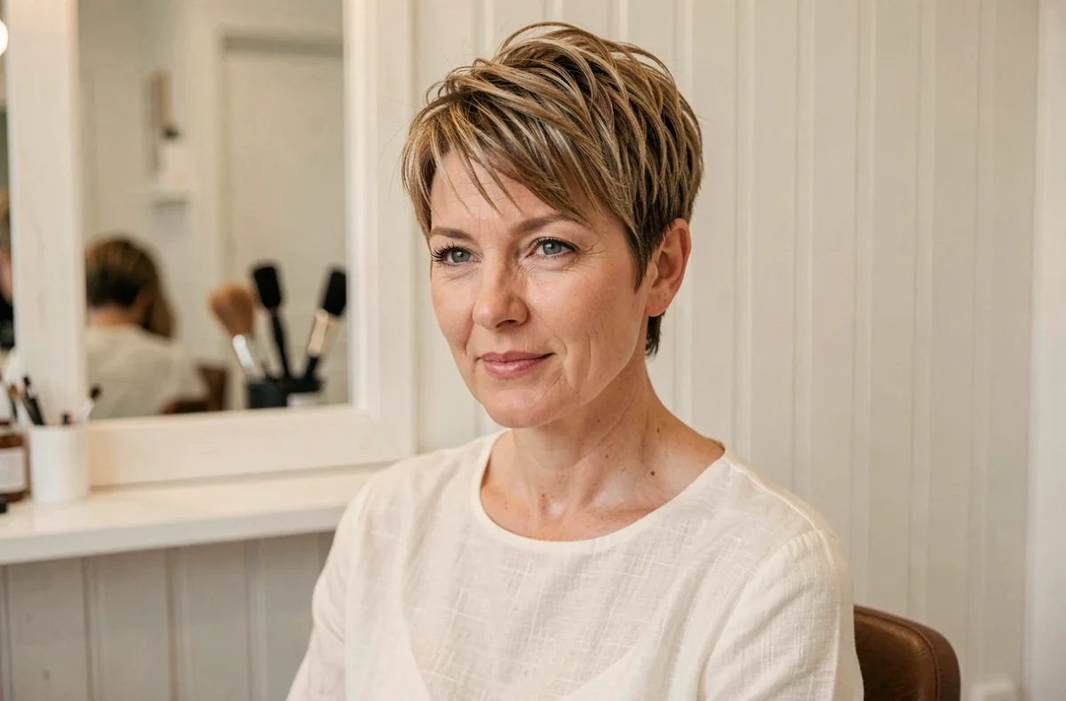 Femme aux cheveux fins avec une coupe courte pixie texturée pour ajouter du volume, assise dans un salon de coiffure scandinave
