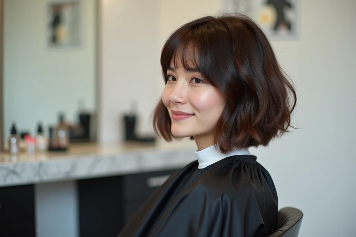 Jeune femme arborant une coupe Cuenta fraîchement réalisée dans un salon de coiffure moderne, vue de trois quarts