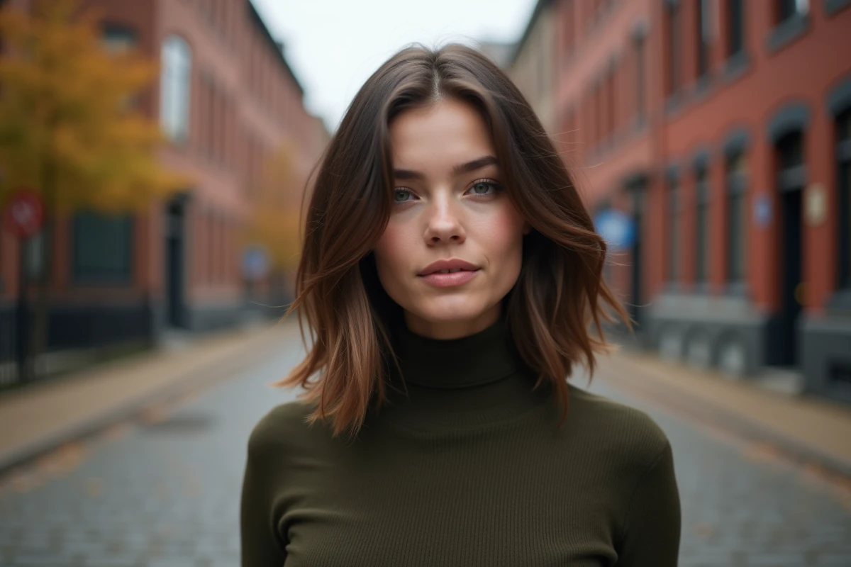 Femme avec une coupe dégradée mi-longue adaptée aux visages carrés, en extérieur dans une rue urbaine automnale