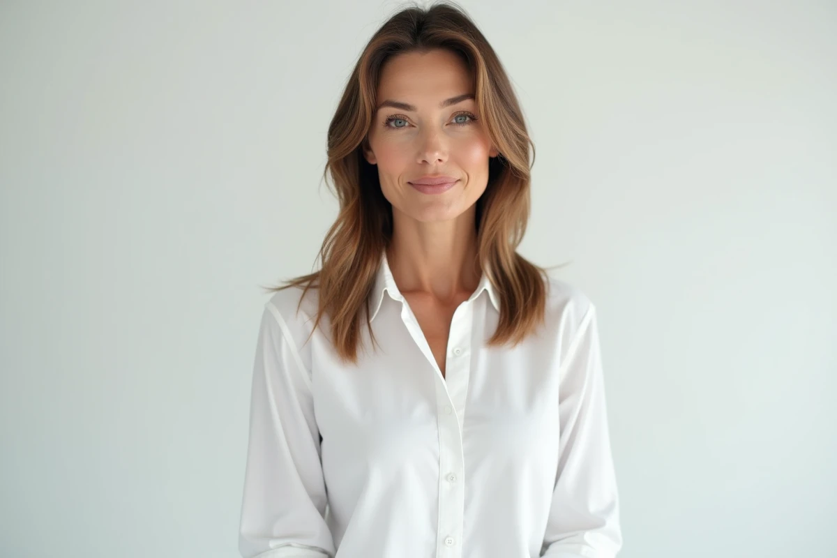 Femme avec une coupe mi-longue dégradée en couches douces adaptée aux visages en forme de cœur dans un studio photo épuré