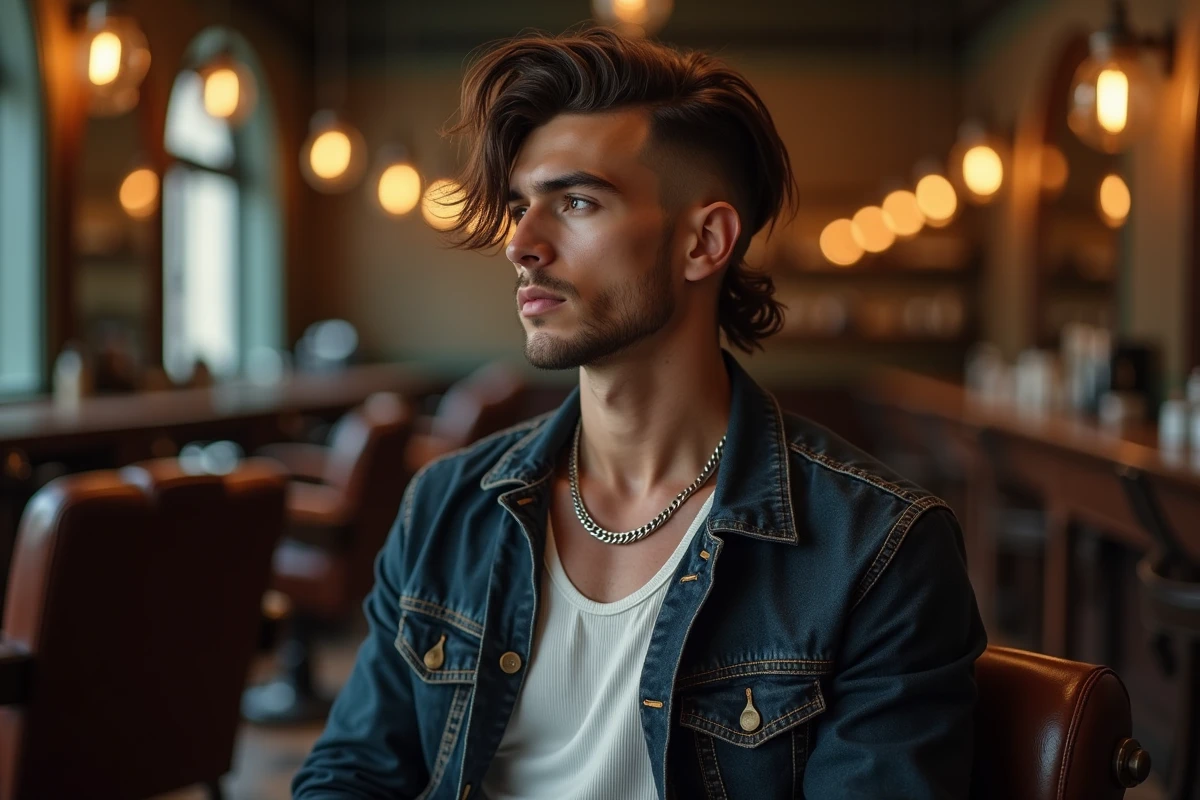 Homme aux cheveux mulet assis dans un salon de coiffure vintage, style rock avec veste en jean