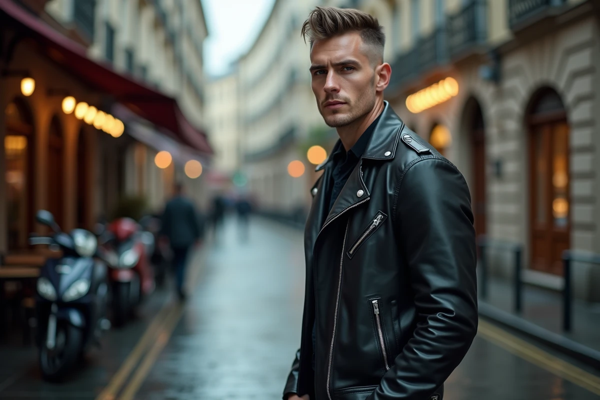 Homme coupe mulet moderne en veste moto sur pavés mouillés d'une rue européenne, look rock urbain
