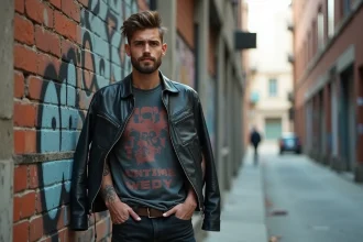 Homme avec une coupe mulet rock en milieu urbain contre un mur de briques graffité, style vintage
