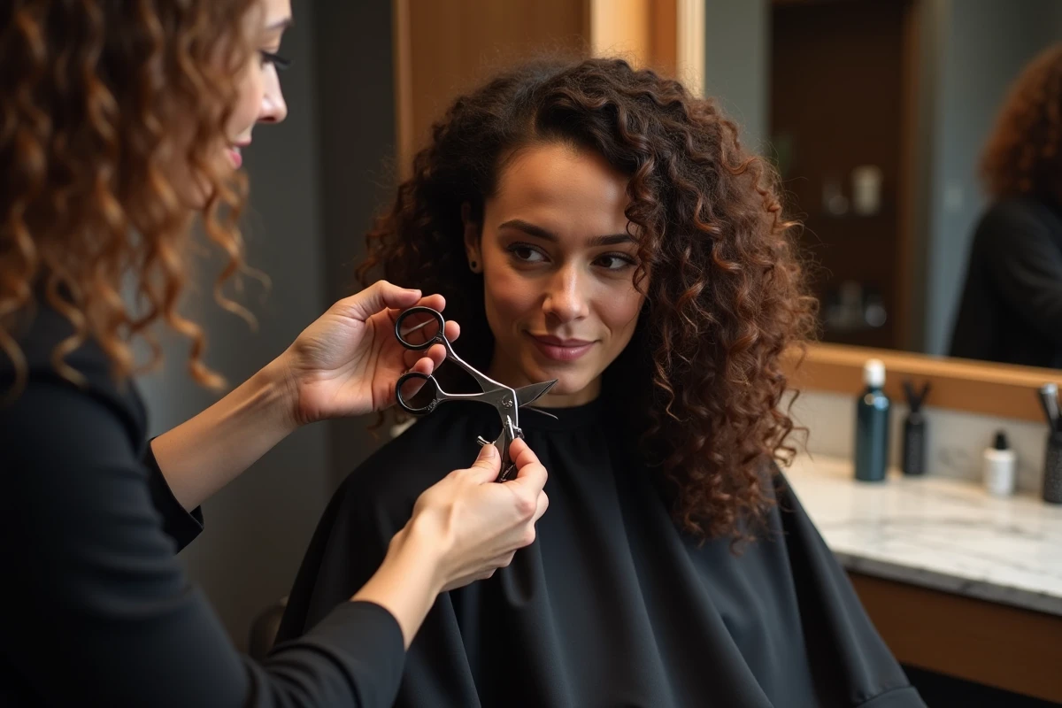 Coupe à sec sur cheveux bouclés longs, technique curl by curl respectant la boucle naturelle en atelier de coiffure