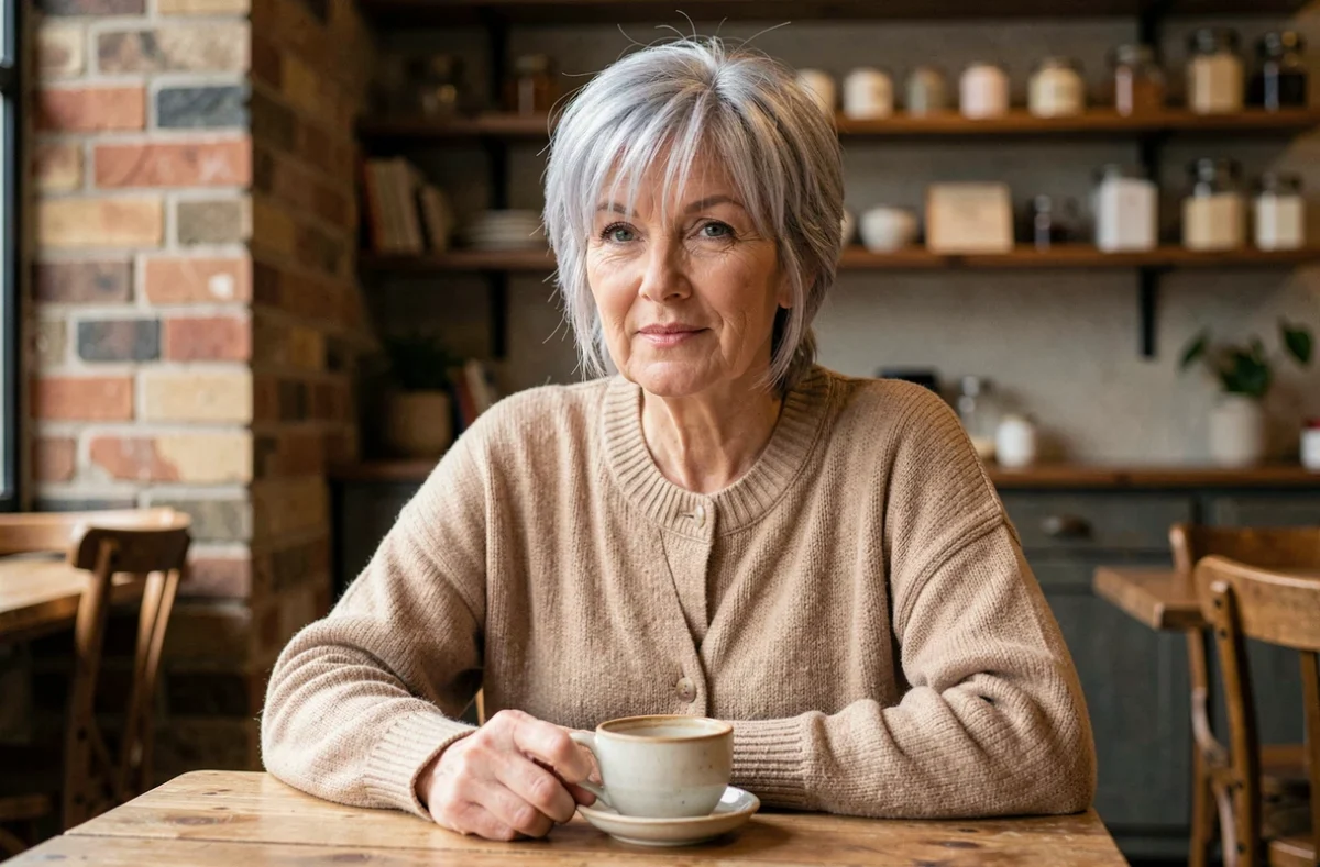 Femme mature aux cheveux fins argentés avec une coupe shag courte et effilée dans un café rustique
