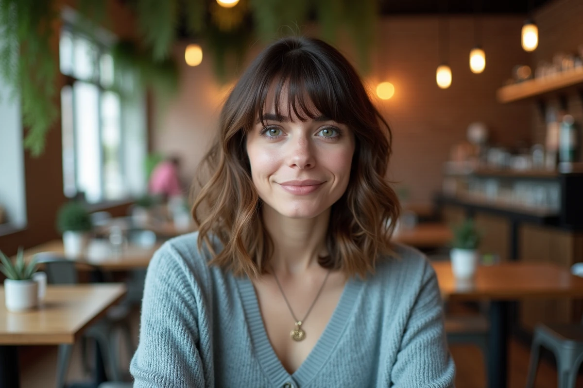 Femme portant une coupe shag mi-longue avec frange rideau flatteuse pour visage rond dans un café vintage