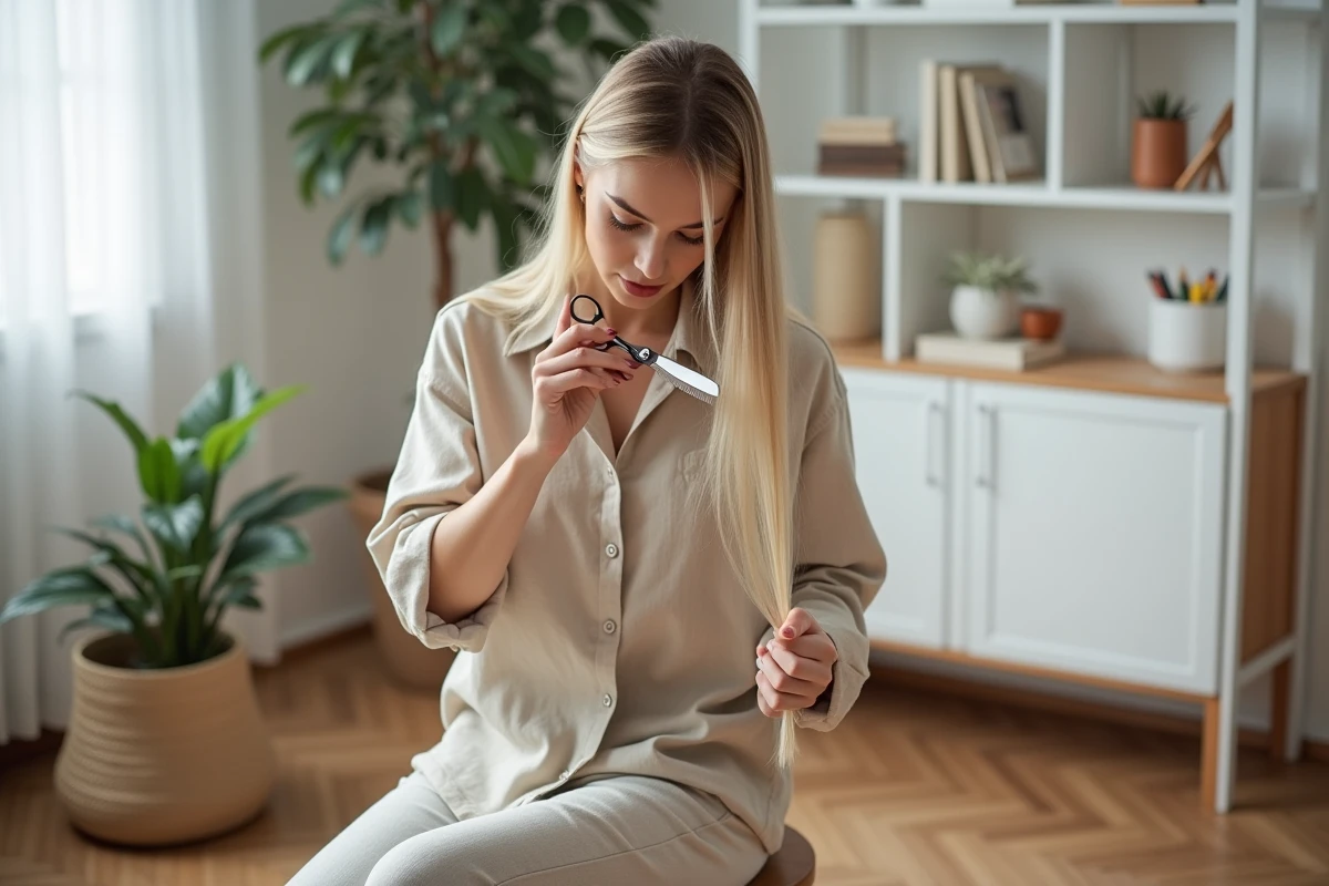 Femme blonde coupant ses pointes elle-même dans un salon scandinave avec ciseaux et peigne