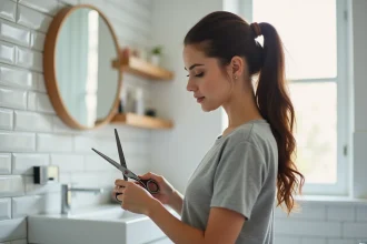 Femme se coupant les pointes seule dans une salle de bain avec des ciseaux professionnels