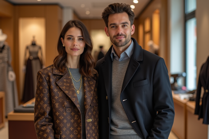 Couple élégant en vêtements Louis Vuitton dans une boutique de luxe
