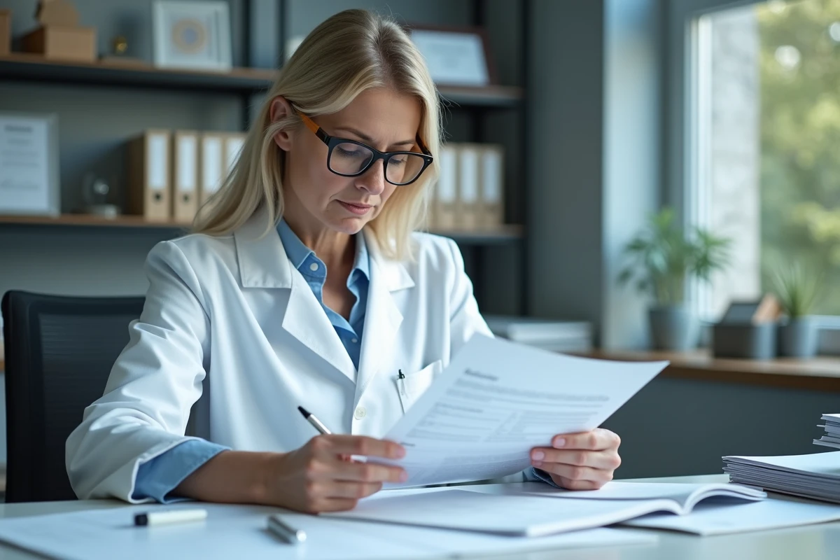 Dermatologue examinant un dossier médical lié aux effets secondaires d'une crème de soin en cabinet médical