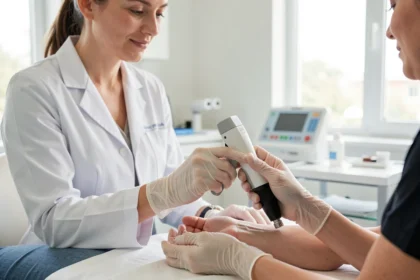 Dermatologue examinant un grain de beauté avec un dermatoscope