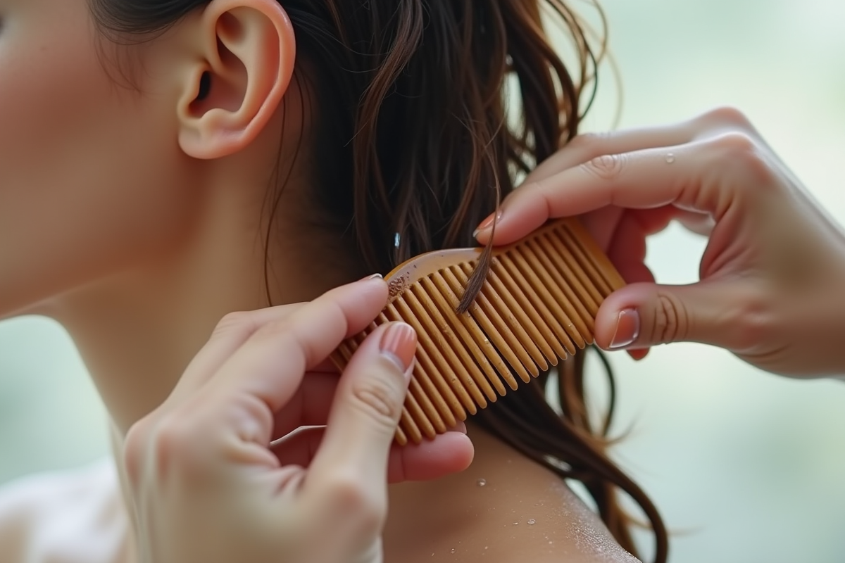 Mains utilisant un peigne en bois pour démêler des cheveux humides