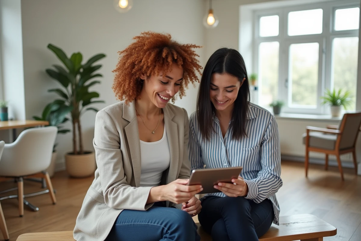 Deux femmes comparant des photos de coiffures sur une tablette dans un salon de coiffure moderne et lumineux