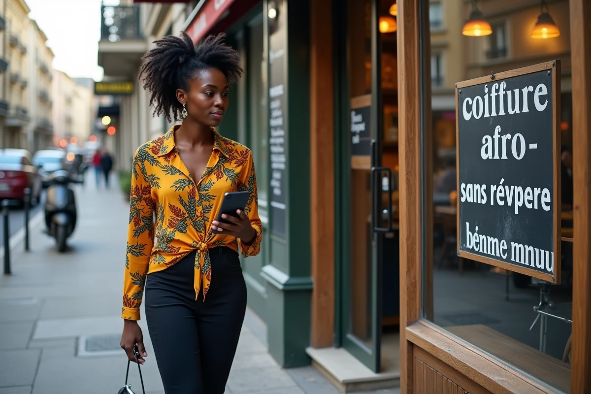 Femme aux locs naturels s'arrêtant devant la vitrine d'un salon de coiffure afro indiquant l'accueil sans rendez-vous