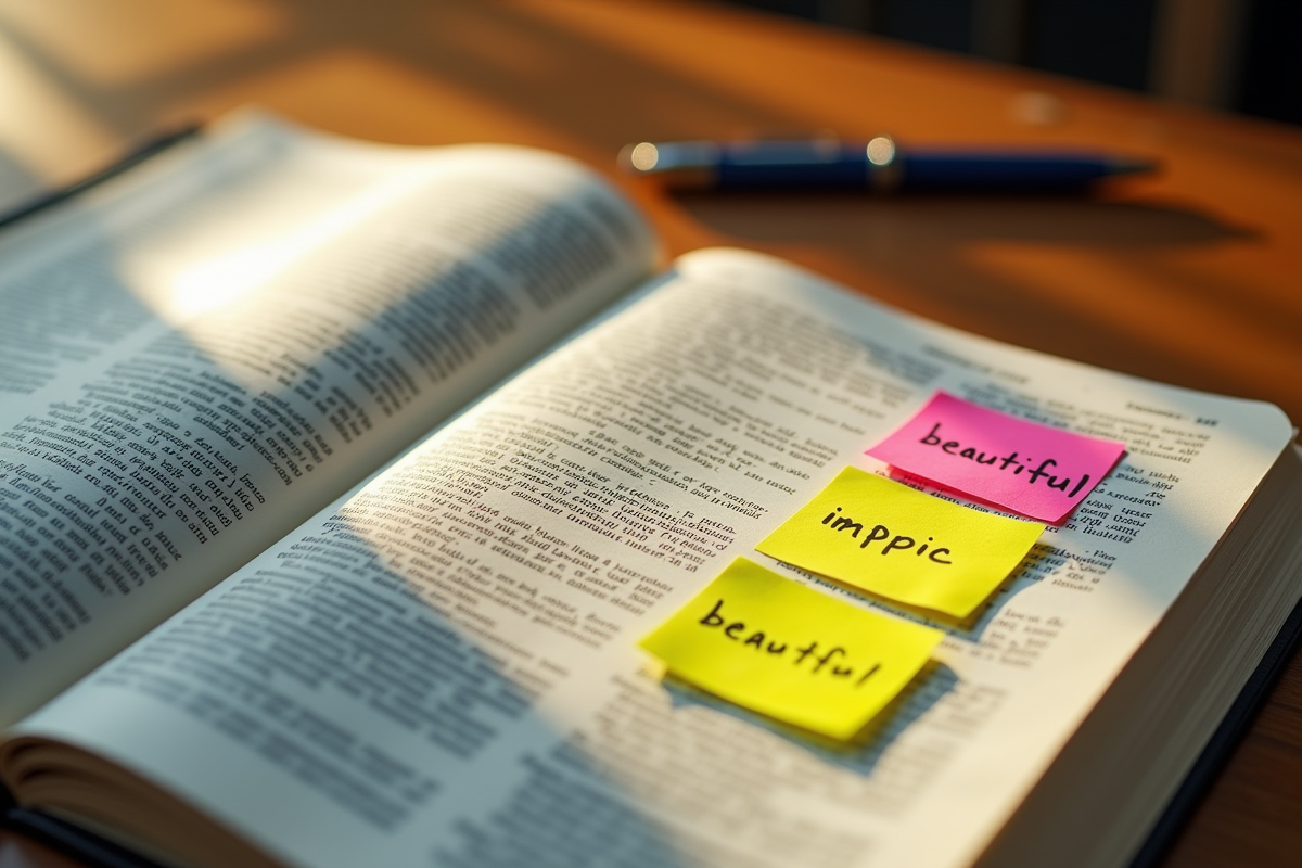 Pages de dictionnaire avec notes colorées sur la beauté