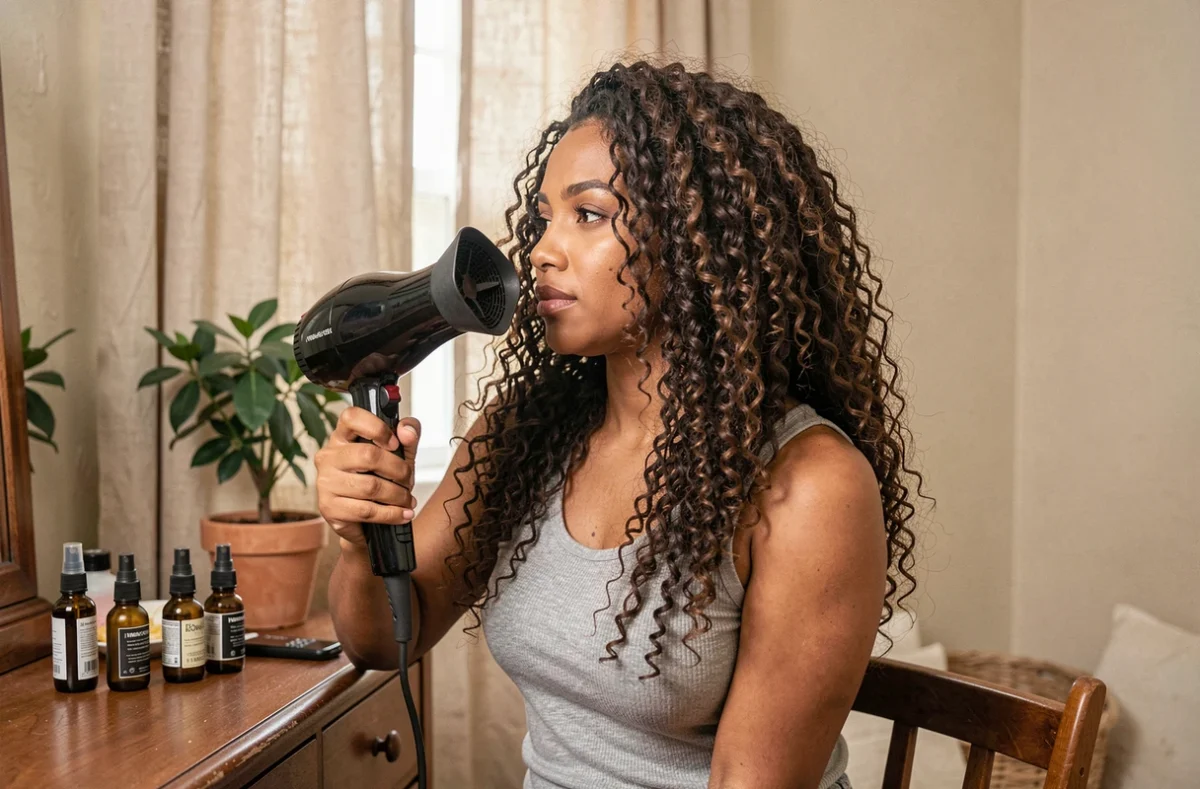 Femme aux boucles volumineuses utilisant un diffuseur pour coiffer ses cheveux frisés