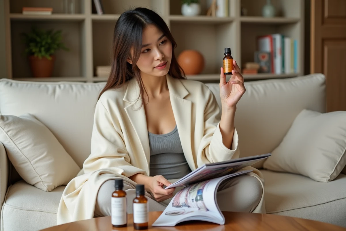 Éditrice beauté analysant des essences coréennes innovantes dans un appartement parisien, questionnant la tendance du layering