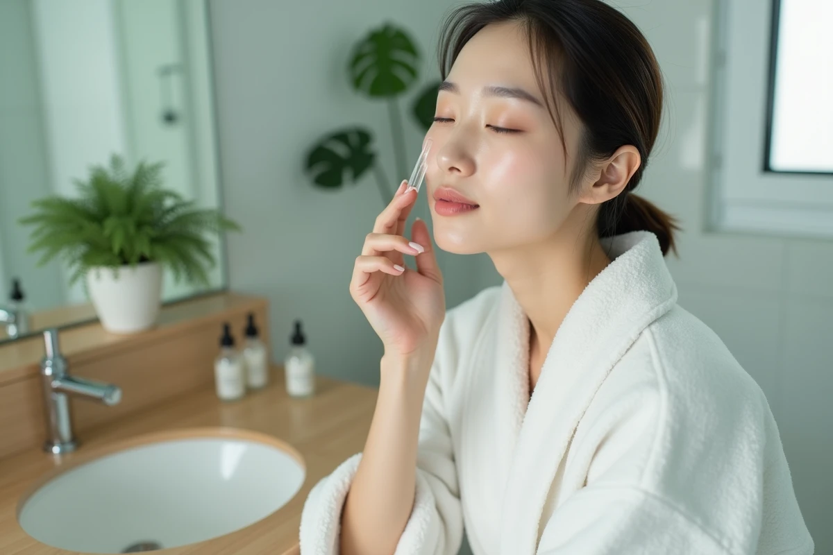 Femme coréenne appliquant une essence cosmétique par tapotement doux lors d'un rituel de layering skincare coréen