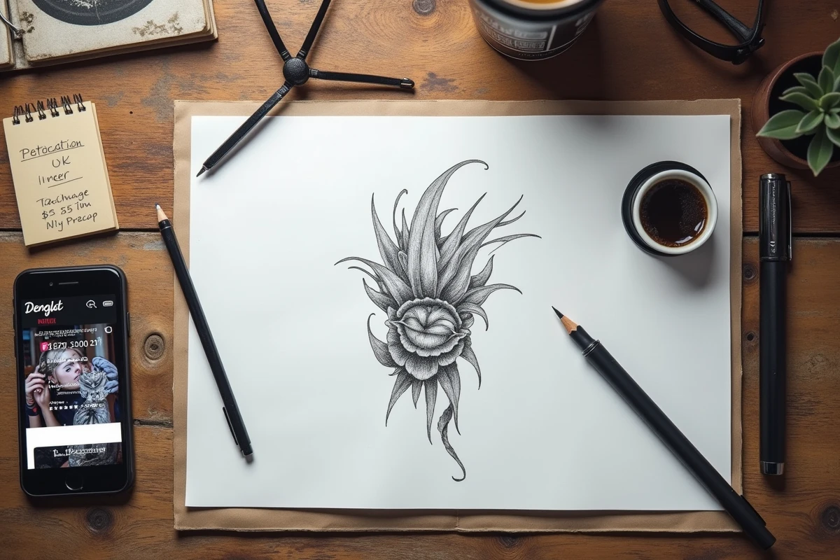 Vue de dessus d'un bureau avec un dessin de tatouage, un carnet de devis et un smartphone pour estimer le prix d'un tatouage de qualité