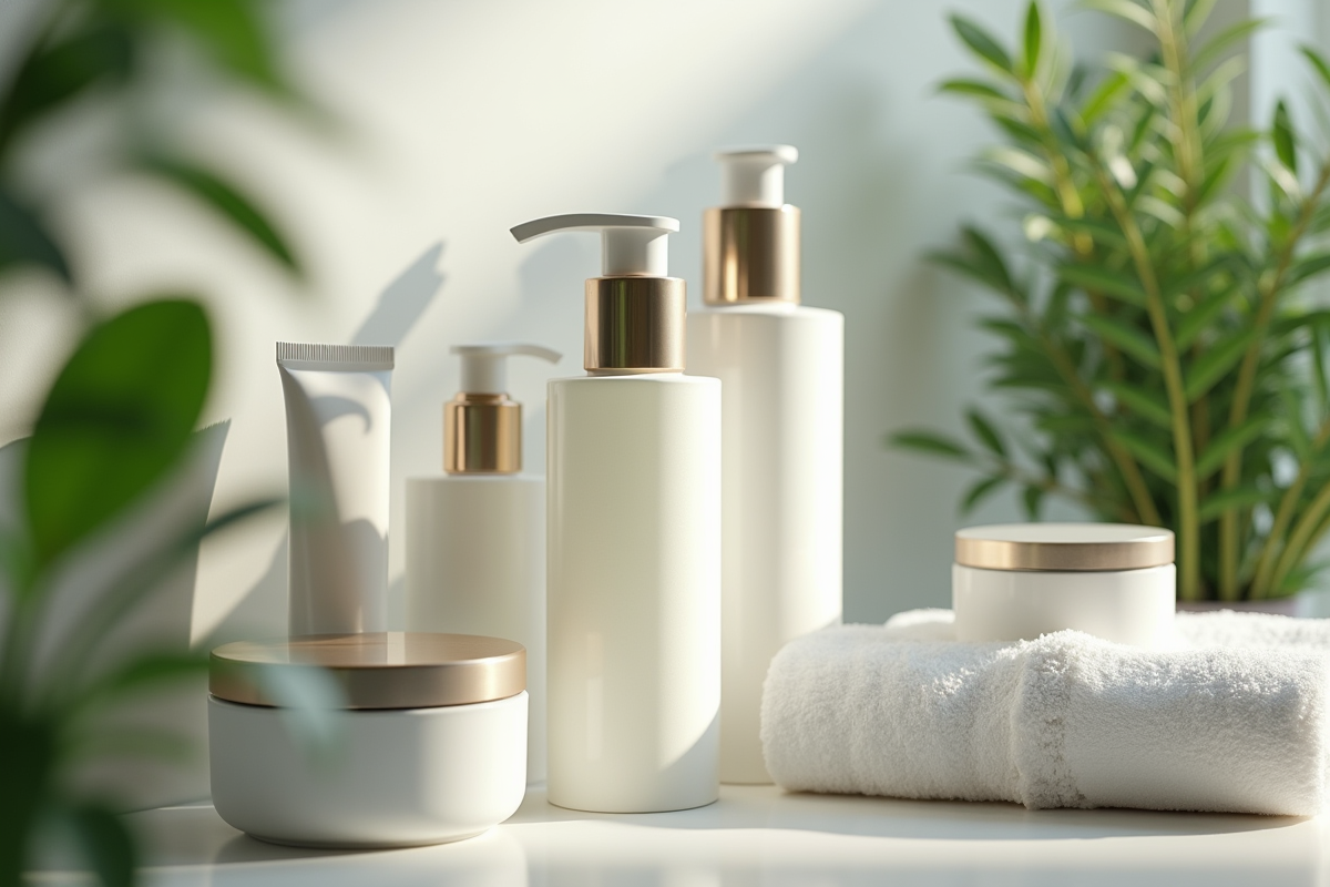 Etagère de salle de bain avec cosmétiques et plantes vertes