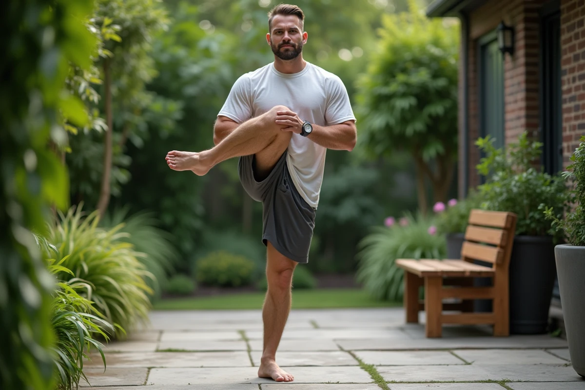 Homme faisant des étirements des jambes dans le jardin