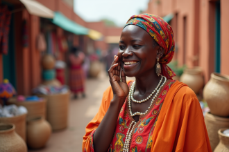 Femme africaine souriante dans un marché coloré