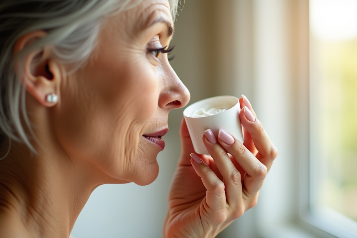 Femme de cinquante ans appliquant une creme sur la joue dans une salle de bain lumineuse