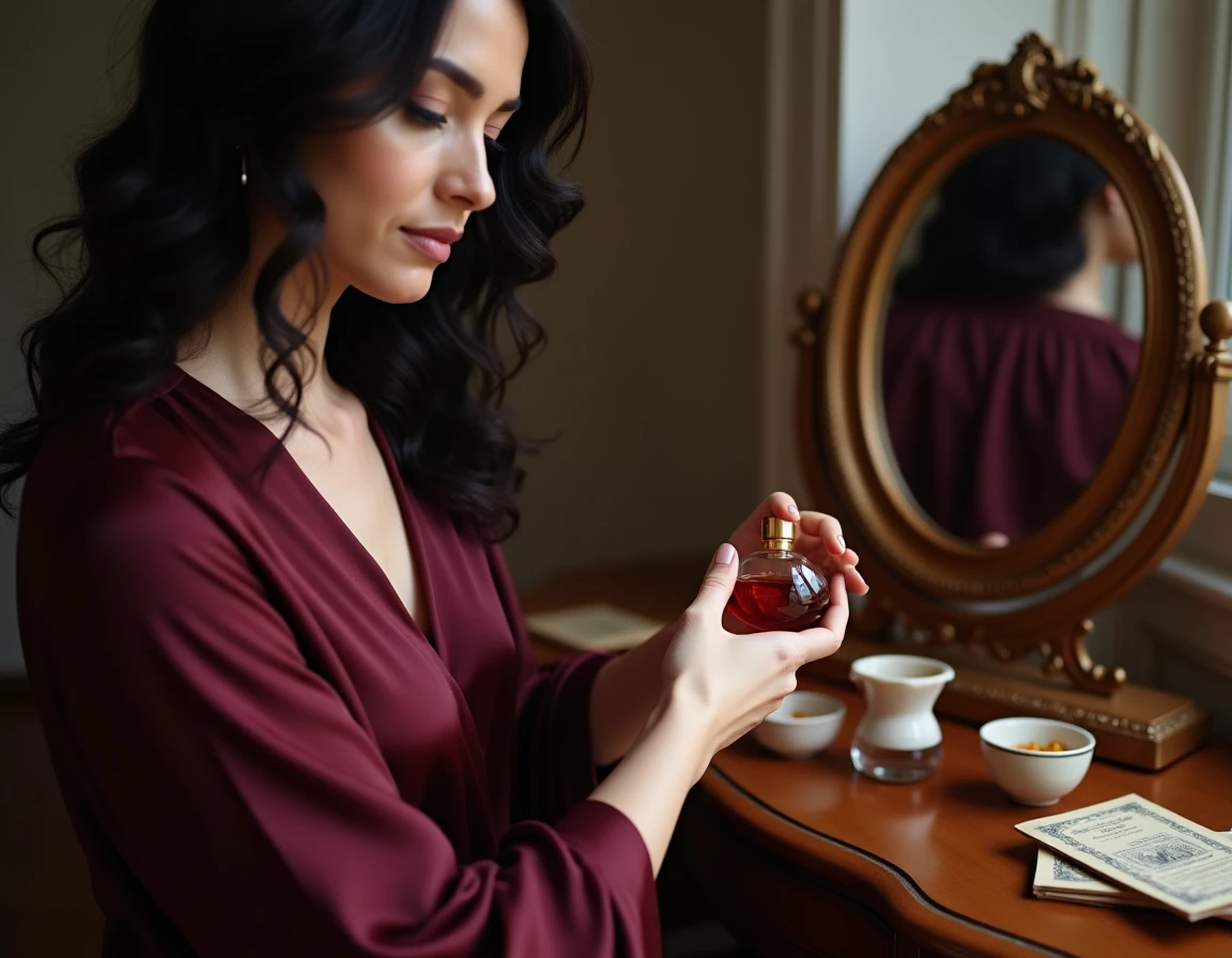 Femme appliquant un parfum oud sur son poignet devant un miroir vintage dans une coiffeuse élégante