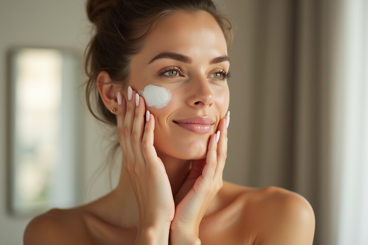 Femme confiante appliquant une creme visage en matinée