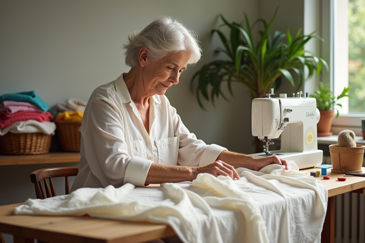 Femme plus âgée travaillant avec du lin dans un atelier lumineux