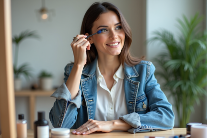 Femme appliquant du mascara bleu avec confiance